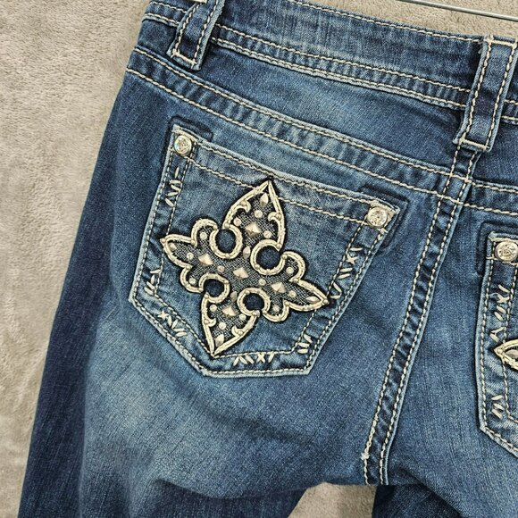Miss Me Signature Boot Jeans 28 Blue Embroidered Rhinestone Crosses Bling Denim - Picture 11 of 13
